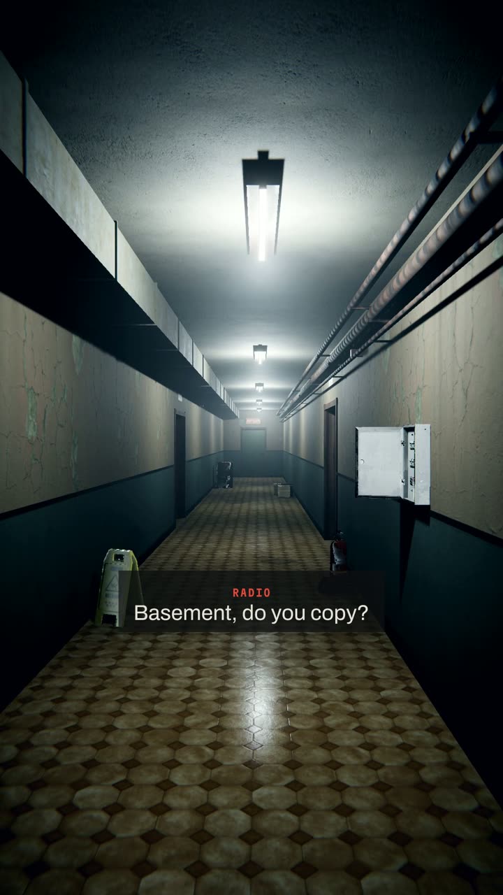 Still from the teaser: an empty basement corridor under bright tubes